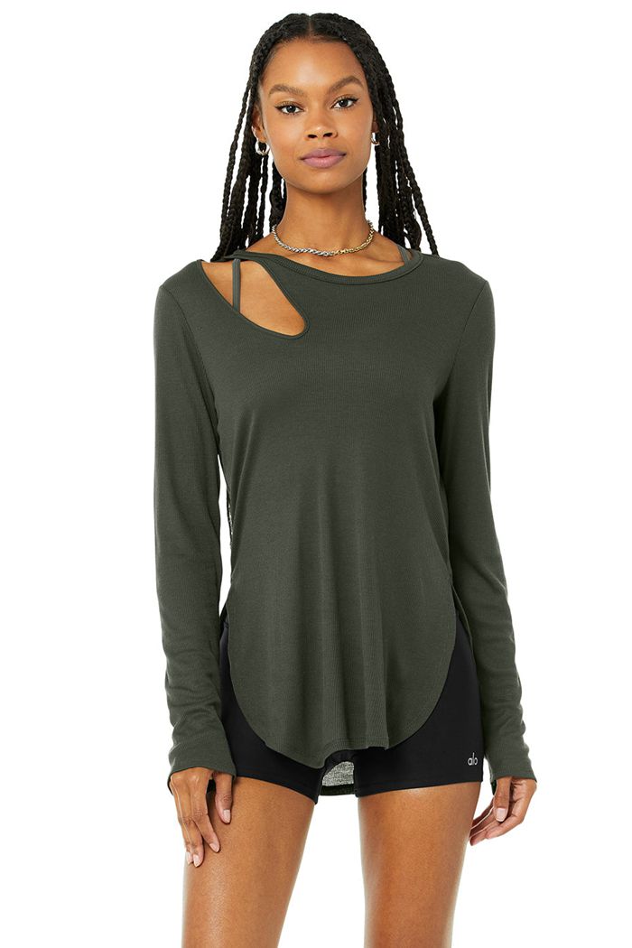 Dark Green Alo Yoga Ribbed Peak Women's Long Sleeve | 58674CBXR