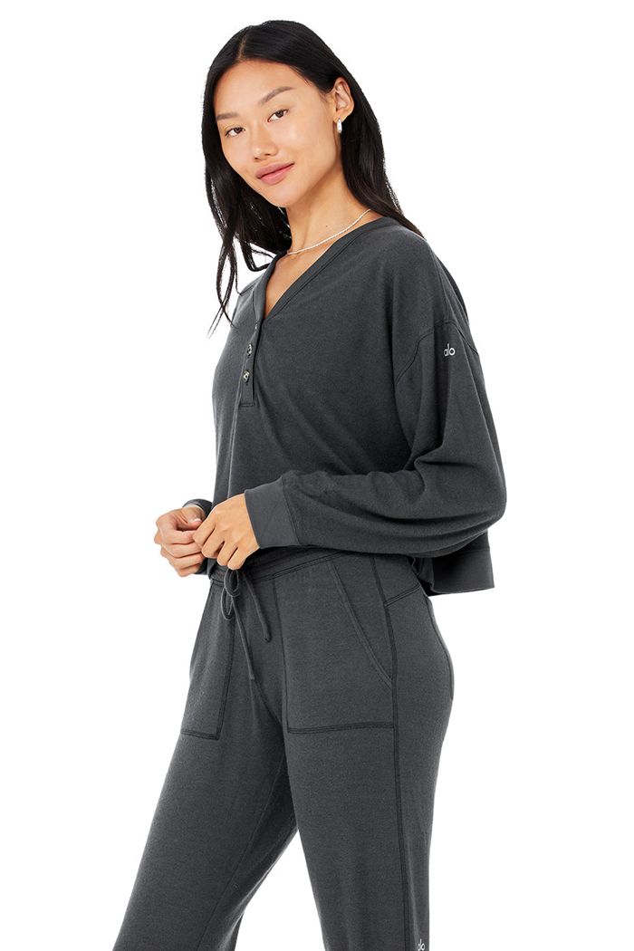 Dark Grey Alo Yoga Alolux Soho Cropped Henley Women's Long Sleeve | 12859ZEIR