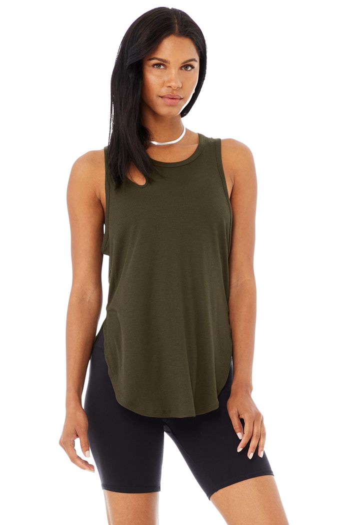 Dark Olive Alo Yoga Ribbed Peak Women's Tank Tops | 34217DITB