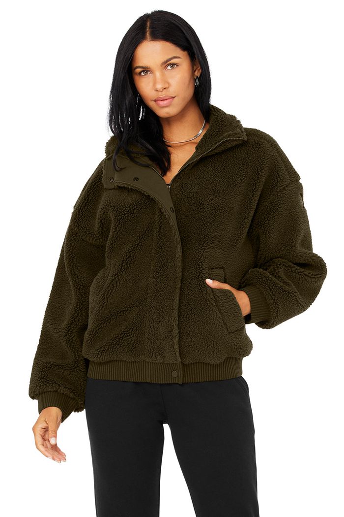 Dark Olive Alo Yoga Sherpa Varsity Women's Jackets | 82471QHMF