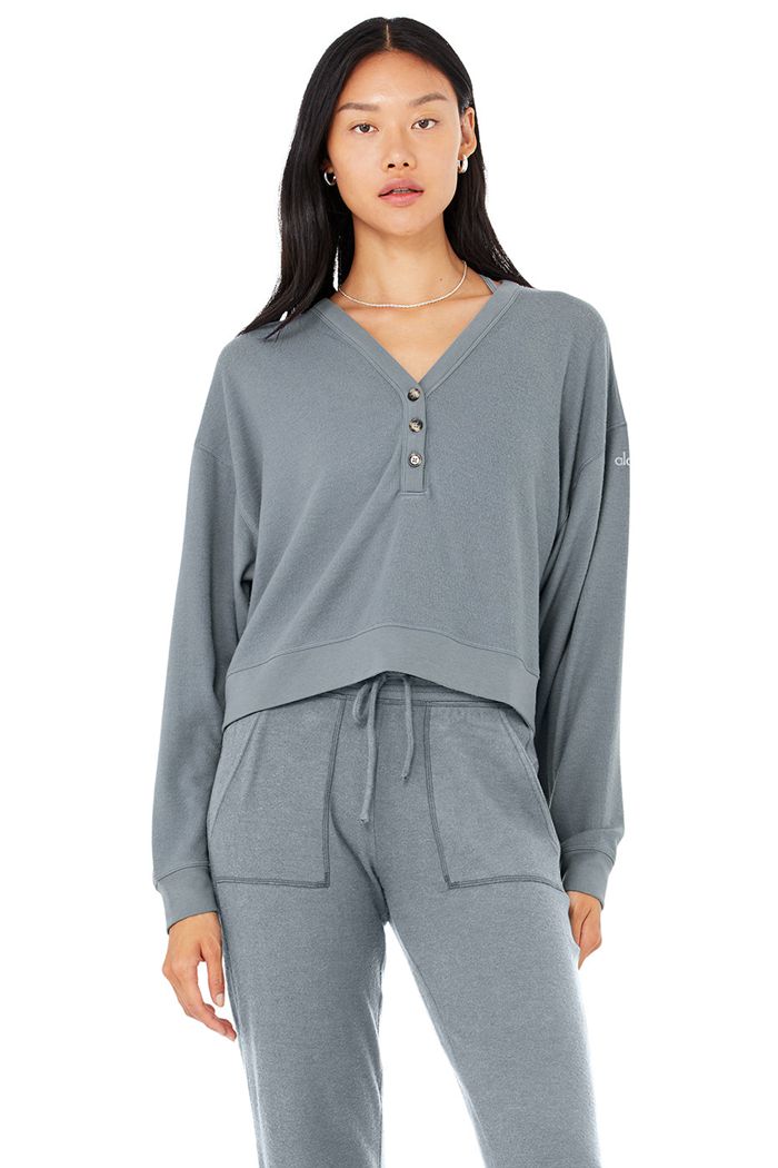 Grey Alo Yoga Alolux Soho Cropped Henley Women's Long Sleeve | 24396YHAK