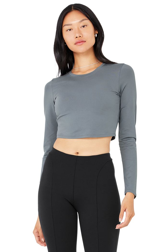 Grey Alo Yoga Alosoft Crop Finesse Women's Long Sleeve | 02769TLEX