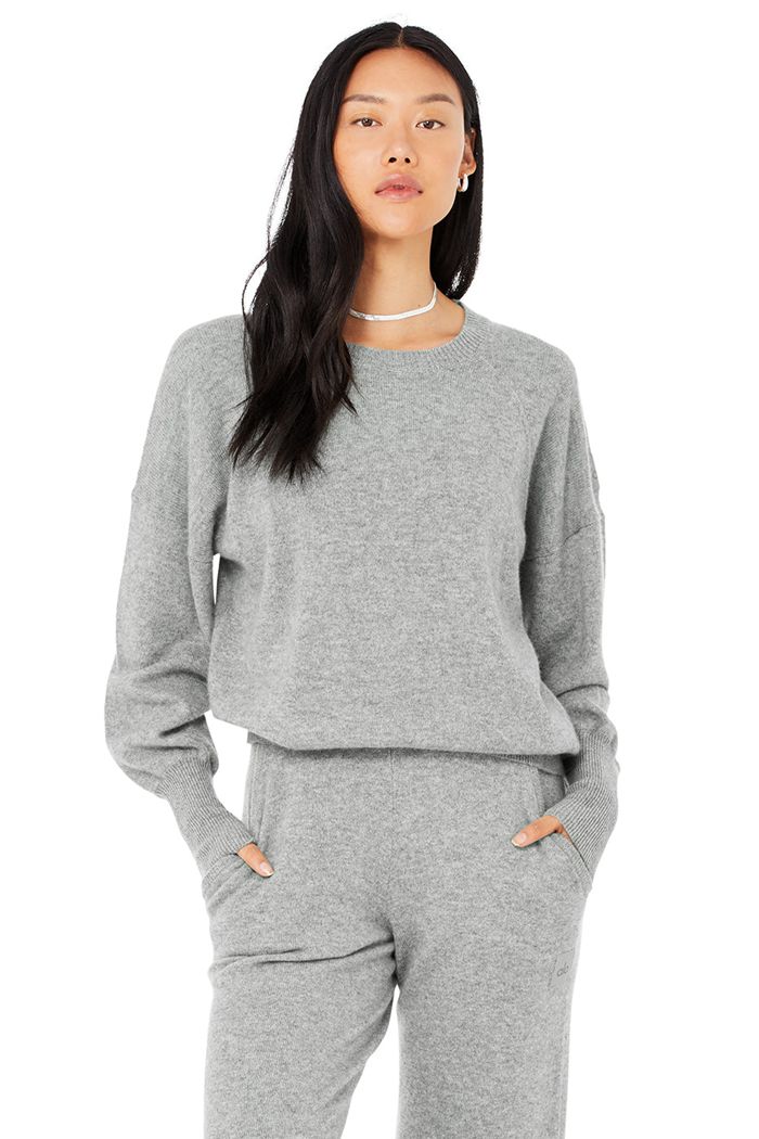 Grey Alo Yoga Cashmere Jet Set Crew Women's Long Sleeve | 91840WYVB