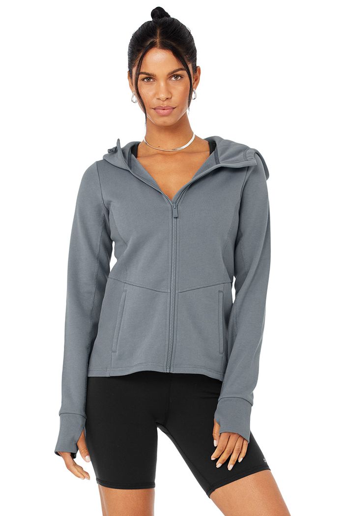 Grey Alo Yoga Foundation Zip Women's Hoodie | 74350RDUY