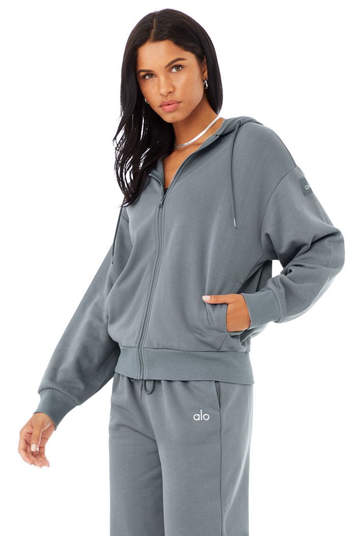 Grey Alo Yoga Hype Full Zip Women's Hoodie | 80695CEFH