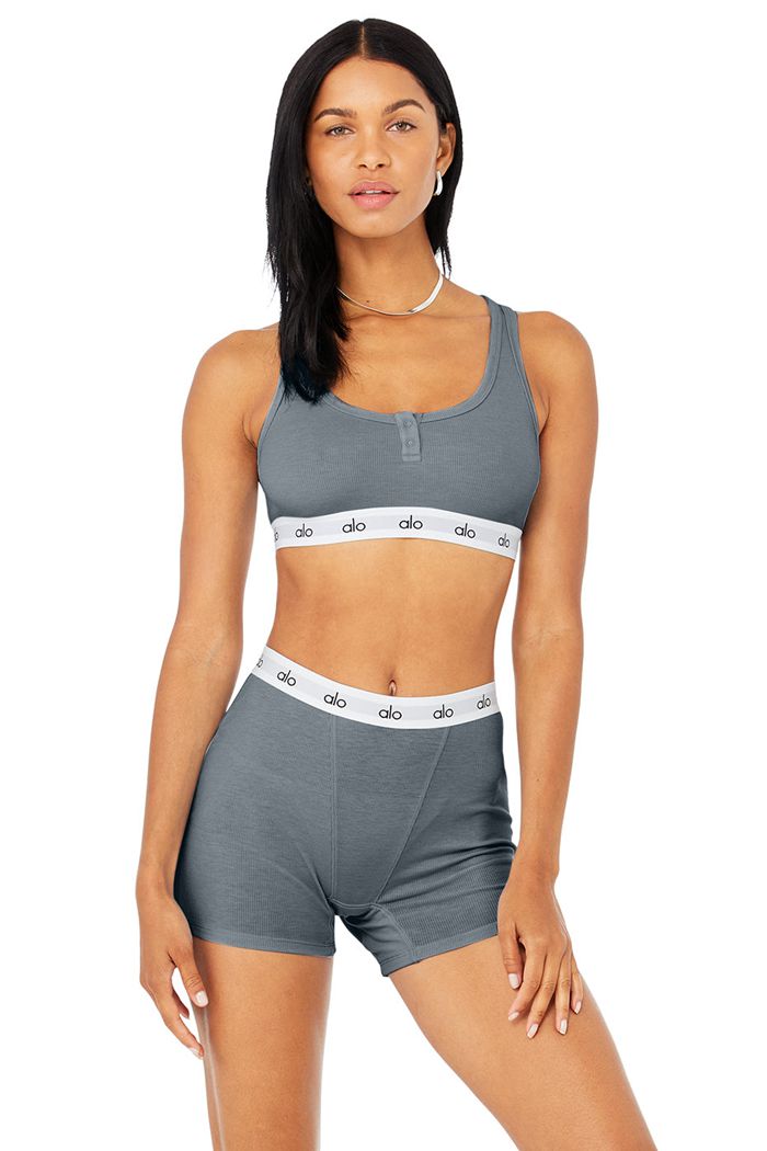 Grey Alo Yoga Icon Ribbed Henley Women's Bras | 35907VJIO