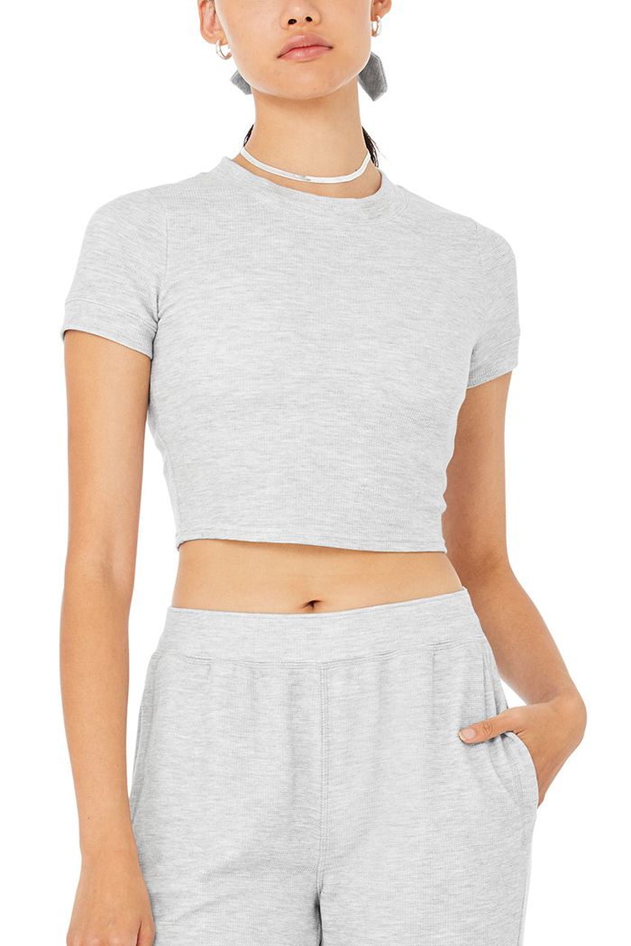 Grey Alo Yoga Micro Waffle Sierra Women's Short Sleeve | 38467QJSW