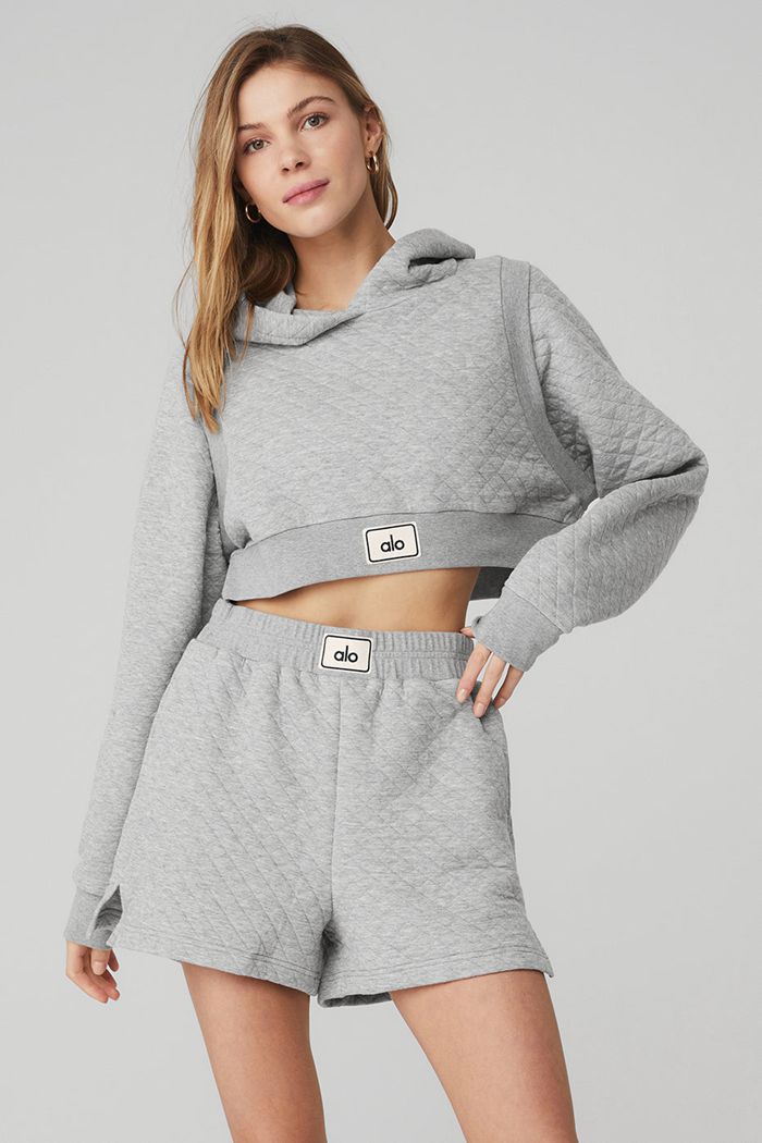 Grey Alo Yoga Quilted Cropped Arena Women's Hoodie | 59421ACGU