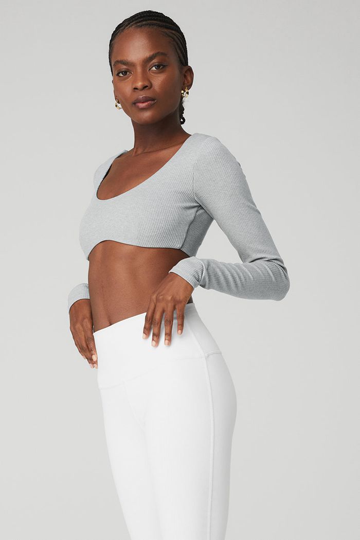 Grey Alo Yoga Ribbed Defined Long Sleeve Women's Bras | 85347KWCG