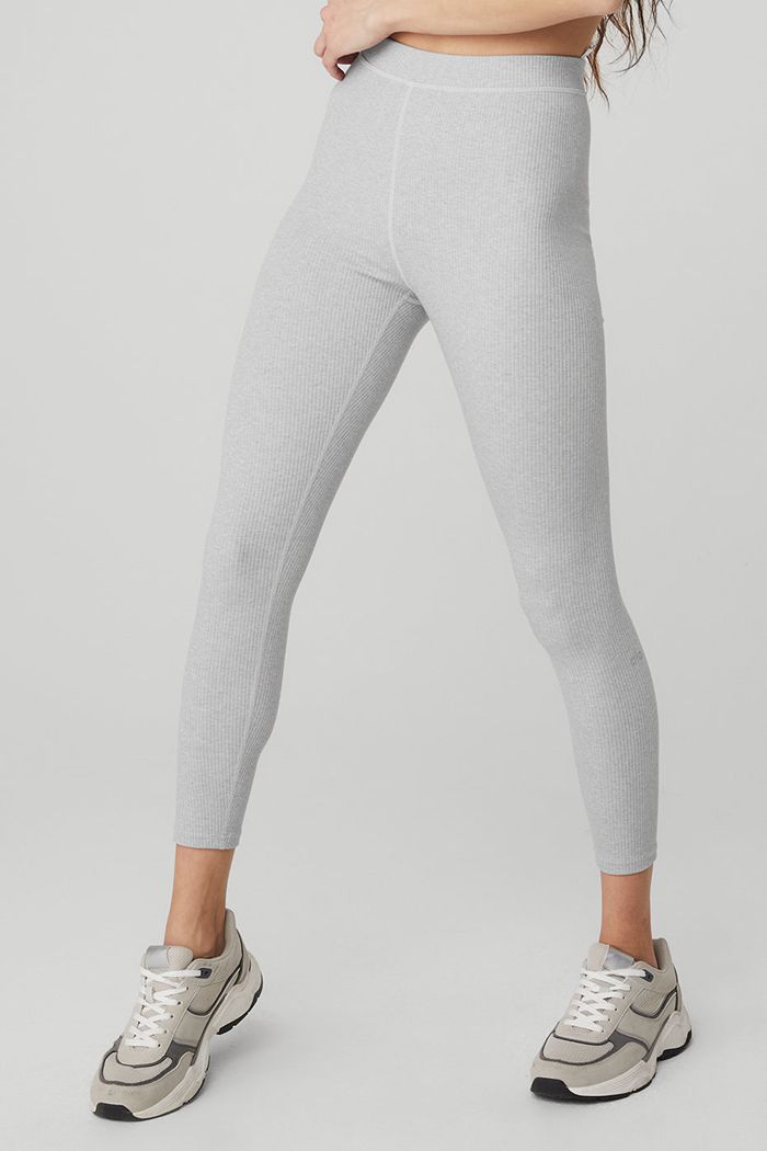 Grey Alo Yoga Ribbed High-Waist 7/8 Blissful Women's Leggings | 47832YZAN