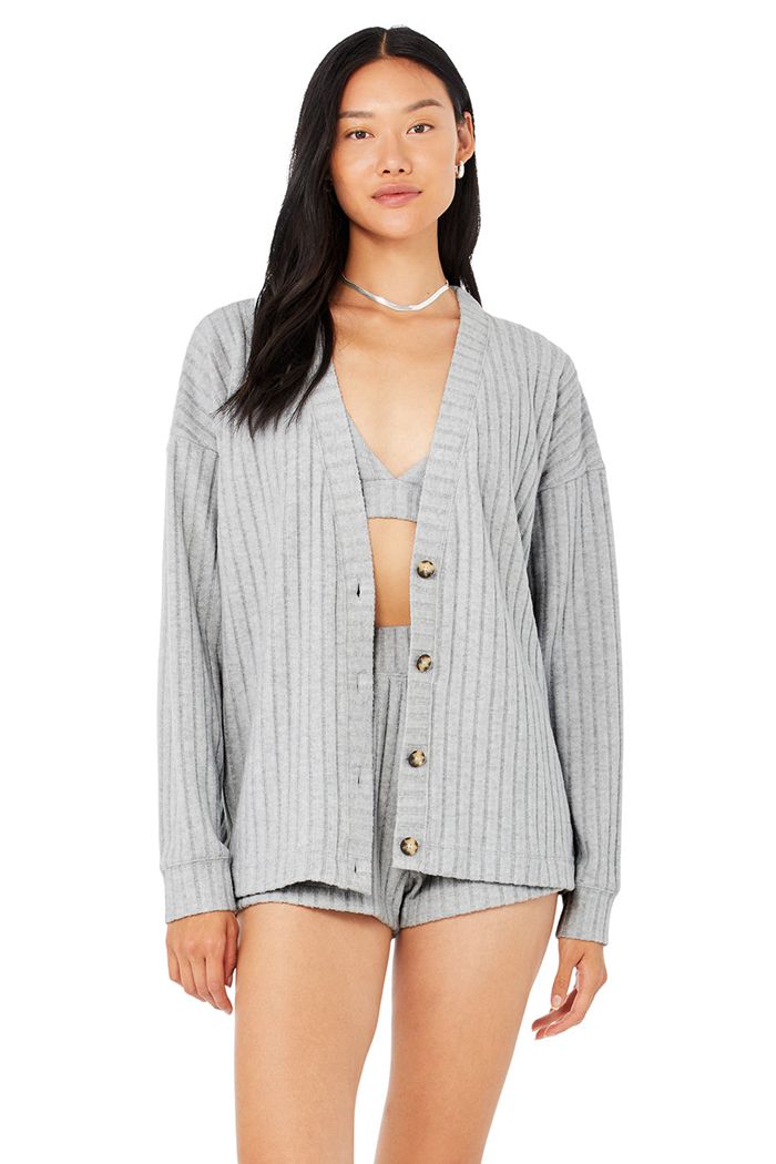 Grey Alo Yoga Ribbed Take Comfort Women's Cardigan | 27431LHUX