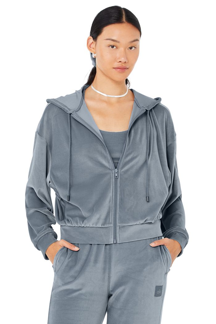 Grey Alo Yoga Velour Glimmer Full Zip Women's Hoodie | 54791DFQT