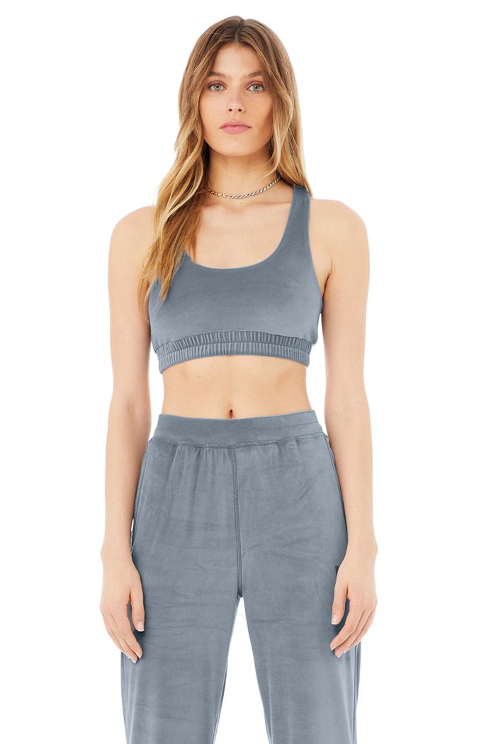 Grey Alo Yoga Velour Glimmer Scoop Neck Women's Bras | 23401LKAN