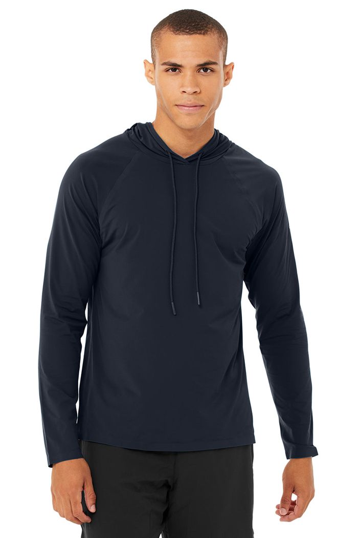 Navy Alo Yoga Idol Hooded Runner Men's Hoodie | 83945DFEA