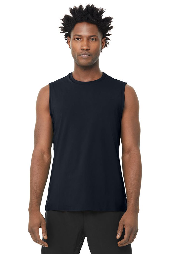 Navy Alo Yoga Idol Performance Men's Tank Tops | 19846KNBE