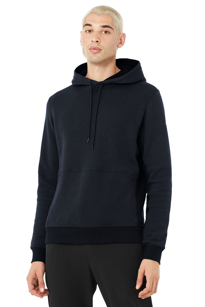 Navy Alo Yoga Runyon Men's Hoodie | 42307ULMT