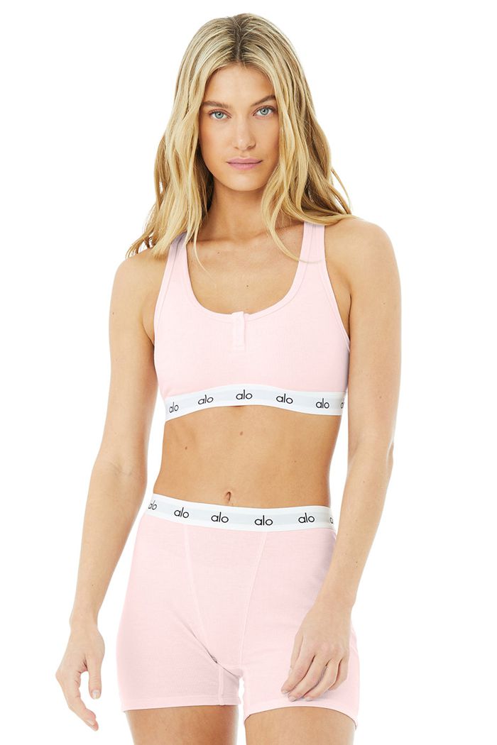 Pink Alo Yoga Icon Ribbed Henley Women's Bras | 13978QMUT