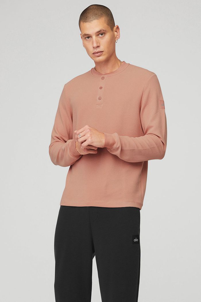 Pink Alo Yoga Micro Waffle Fast Break Henley Men's Long Sleeve | 76829GBRA