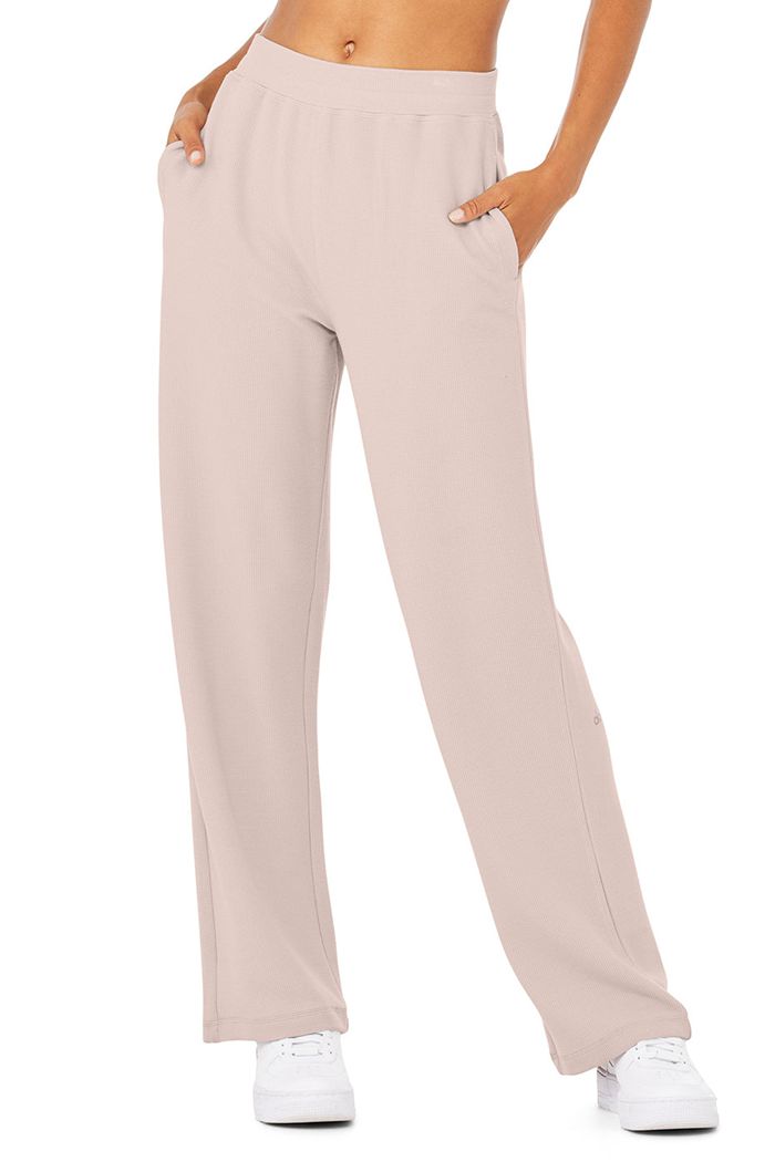 Pink Alo Yoga Micro Waffle High-Waist Pleasant Wide Leg Women's Pants | 85014BSJX