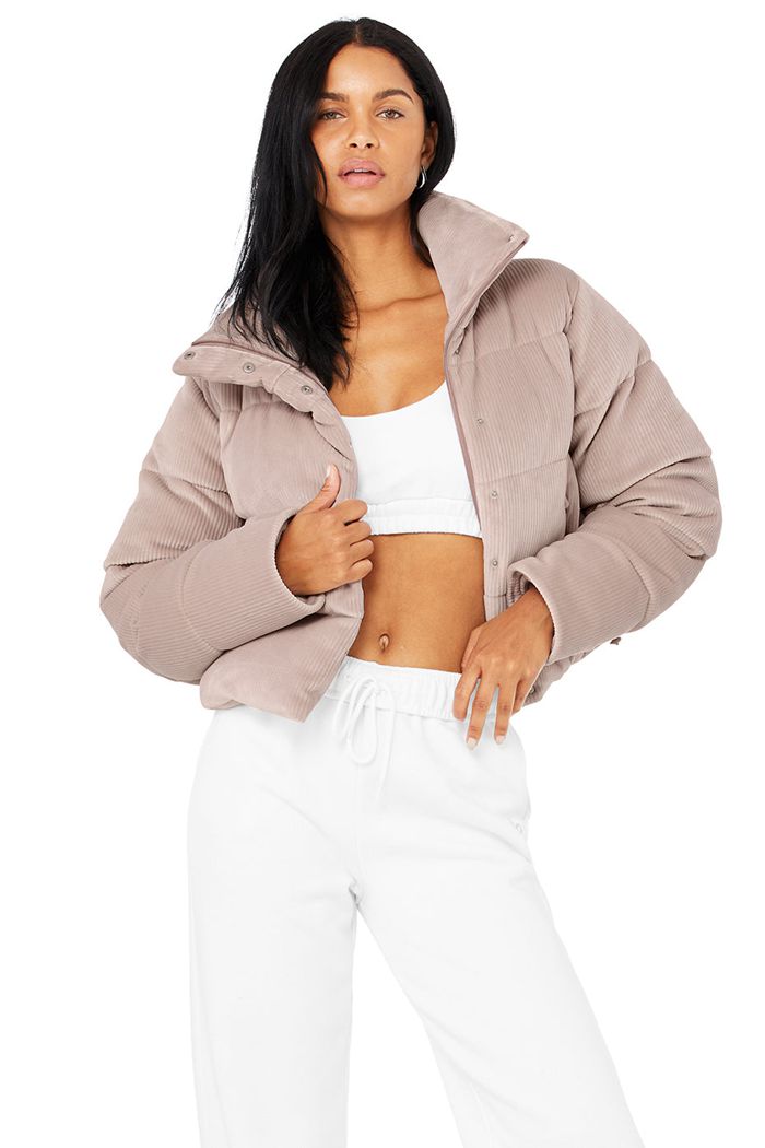 Pink Alo Yoga Ribbed Velour Gold Rush Puffer Women's Jackets | 23754CERV