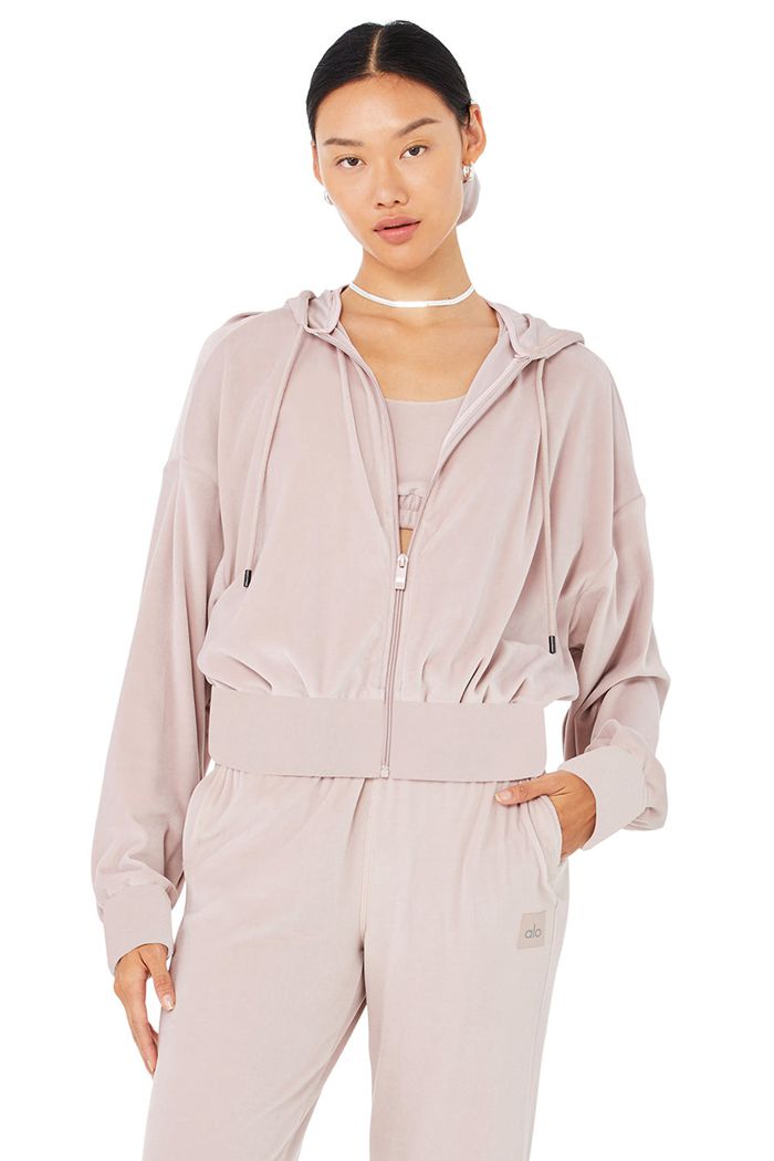 Pink Alo Yoga Velour Glimmer Full Zip Women's Hoodie | 50391TMUG