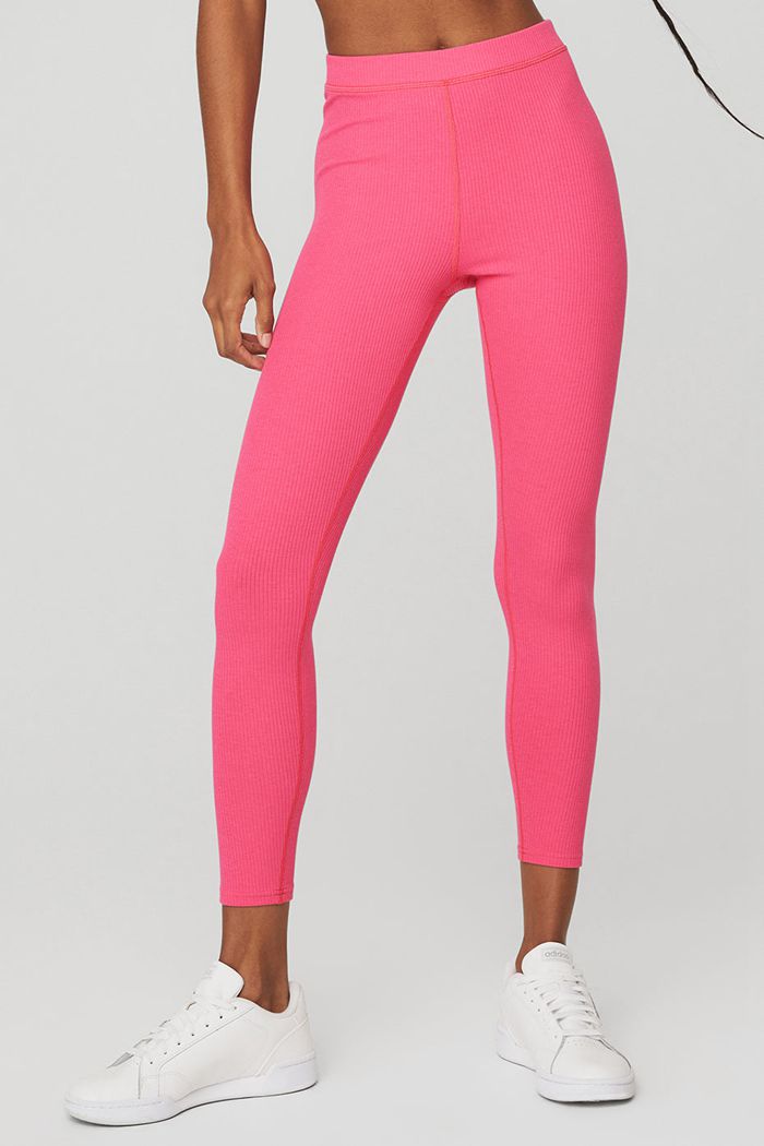 Pink Fuchsia Alo Yoga Ribbed High-Waist 7/8 Blissful Women's Leggings | 10246YFSA