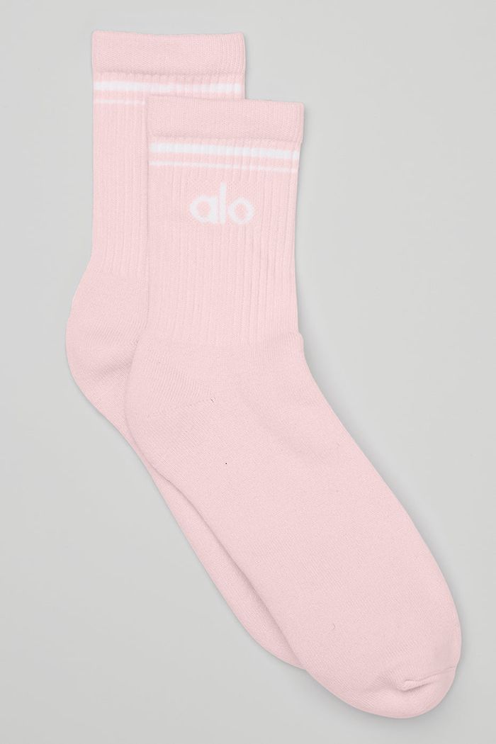 Pink White Alo Yoga Half-Crew Throwback Women's Socks | 50679LBYR