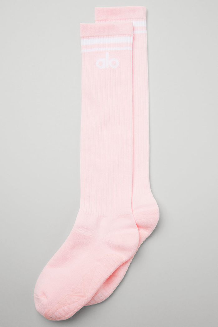 Pink White Alo Yoga Knee-High Throwback Barre Women's Socks | 26580KEPN