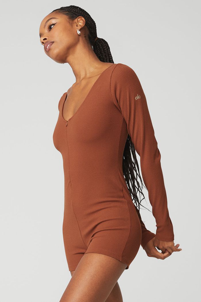 Red Alo Yoga Keep It Sleek Ribbed Onesie Women's Bodysuit | 91263YGDT