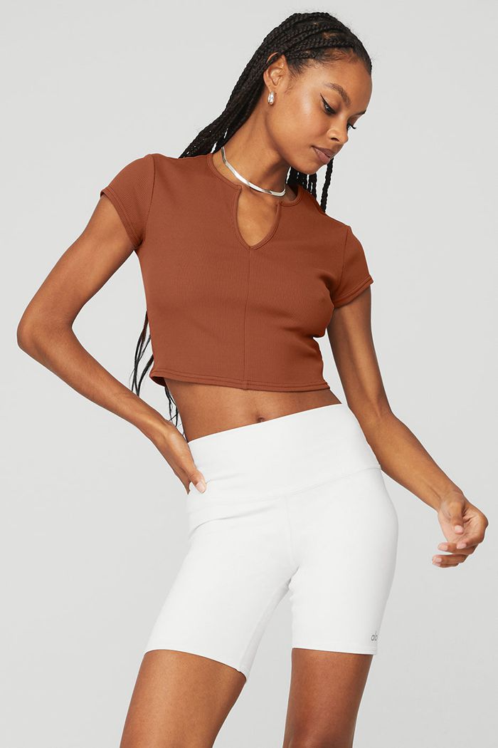 Red Alo Yoga Ribbed Cropped Savvy Women's Short Sleeve | 74568LNOB