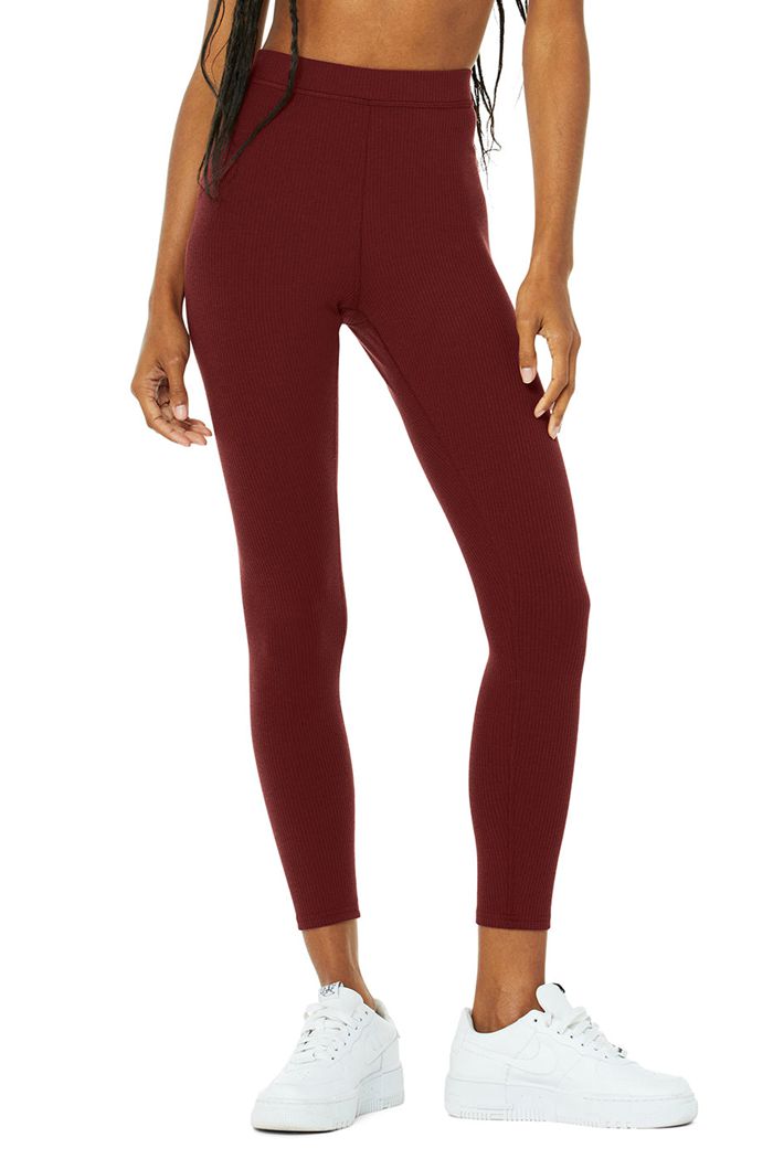 Red Alo Yoga Ribbed High-Waist 7/8 Blissful Women's Leggings | 36804ZCJB