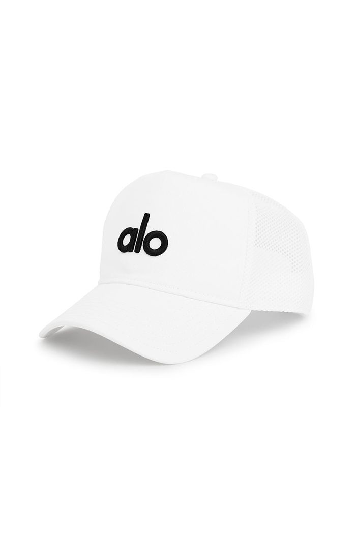 White Alo Yoga District Trucker Men's Hats | 25197MGNX