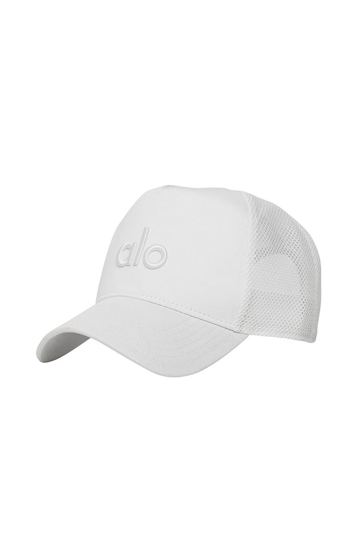 White Alo Yoga District Trucker Men's Hats | 29637IBPT