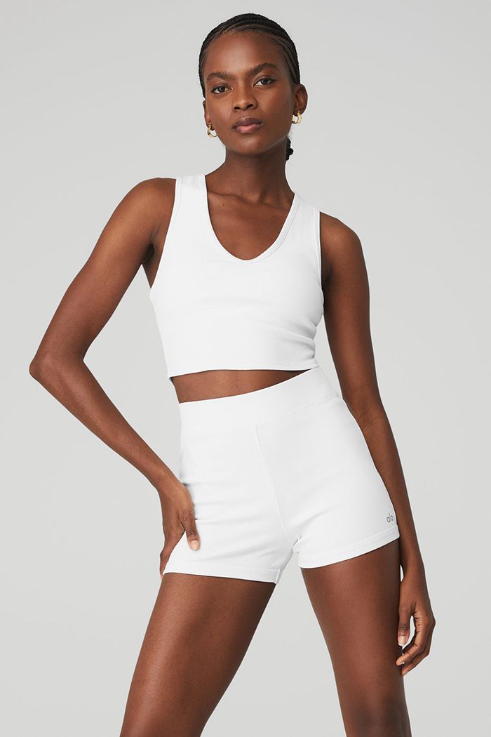 White Alo Yoga Goddess Ribbed Cropped Racerback Women's Tank Tops | 90563NEVI