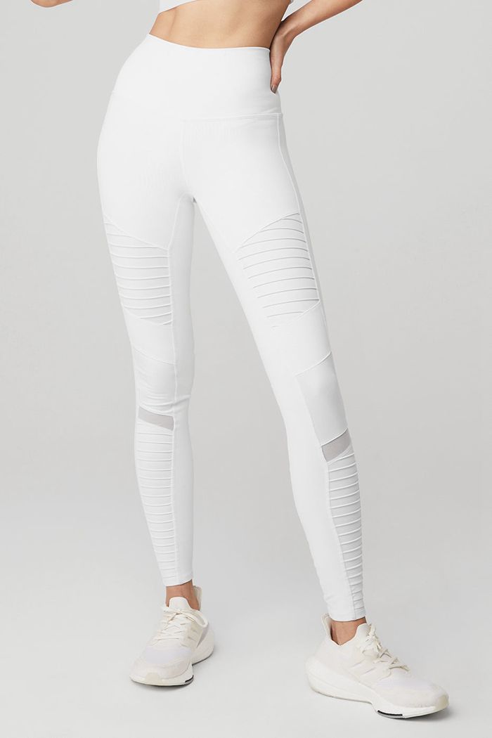 White Alo Yoga High-Waist Moto Women's Leggings | 73046DJLX