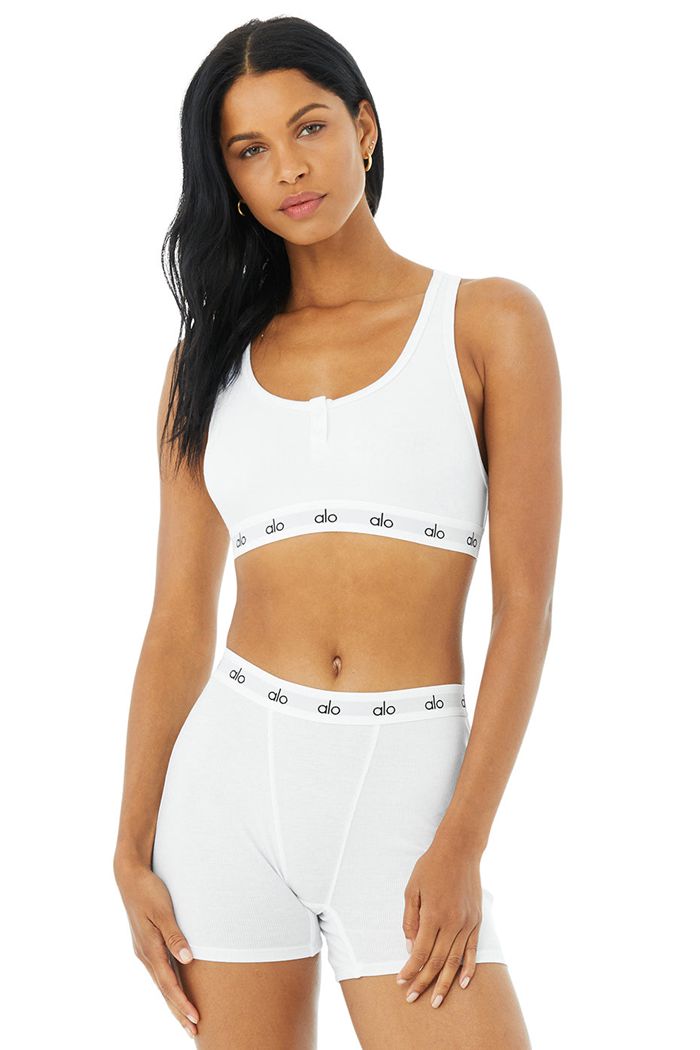 White Alo Yoga Icon Ribbed Henley Women's Bras | 02135HDUZ