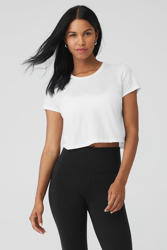 White Alo Yoga Laid Back Tee Women's Short Sleeve | 47691EOGB