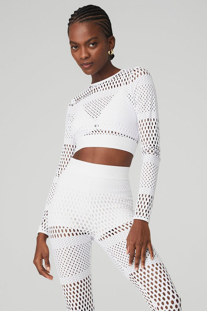 White Alo Yoga Mesh Haute Summer Women's Long Sleeve | 19035TQOK