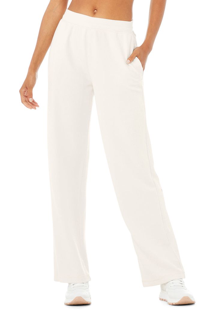 White Alo Yoga Micro Waffle High-Waist Pleasant Wide Leg Women's Pants | 74290DJLV