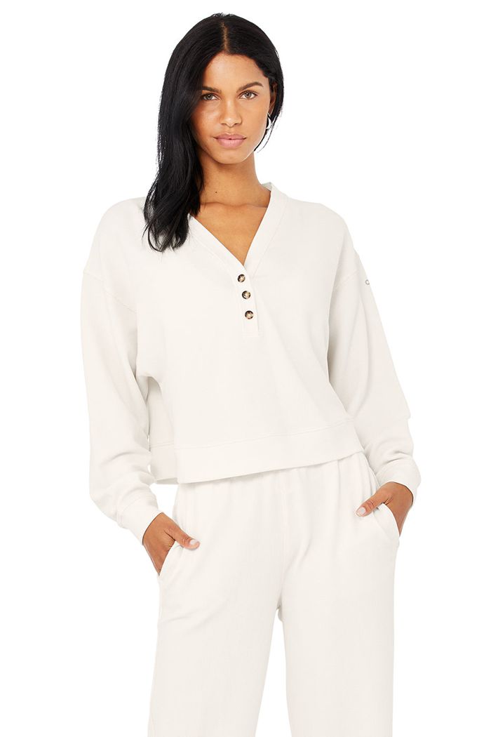 White Alo Yoga Micro Waffle Pleasant Cropped Henley Women's Long Sleeve | 43890NRYV