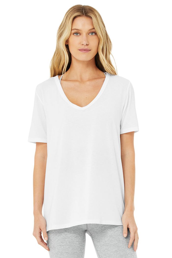 White Alo Yoga Motion Women's Short Sleeve | 87503GNXE