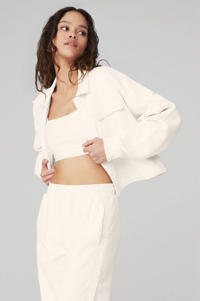 White Alo Yoga Renown Cropped Button-Up Women's Pullover | 70162BMIX