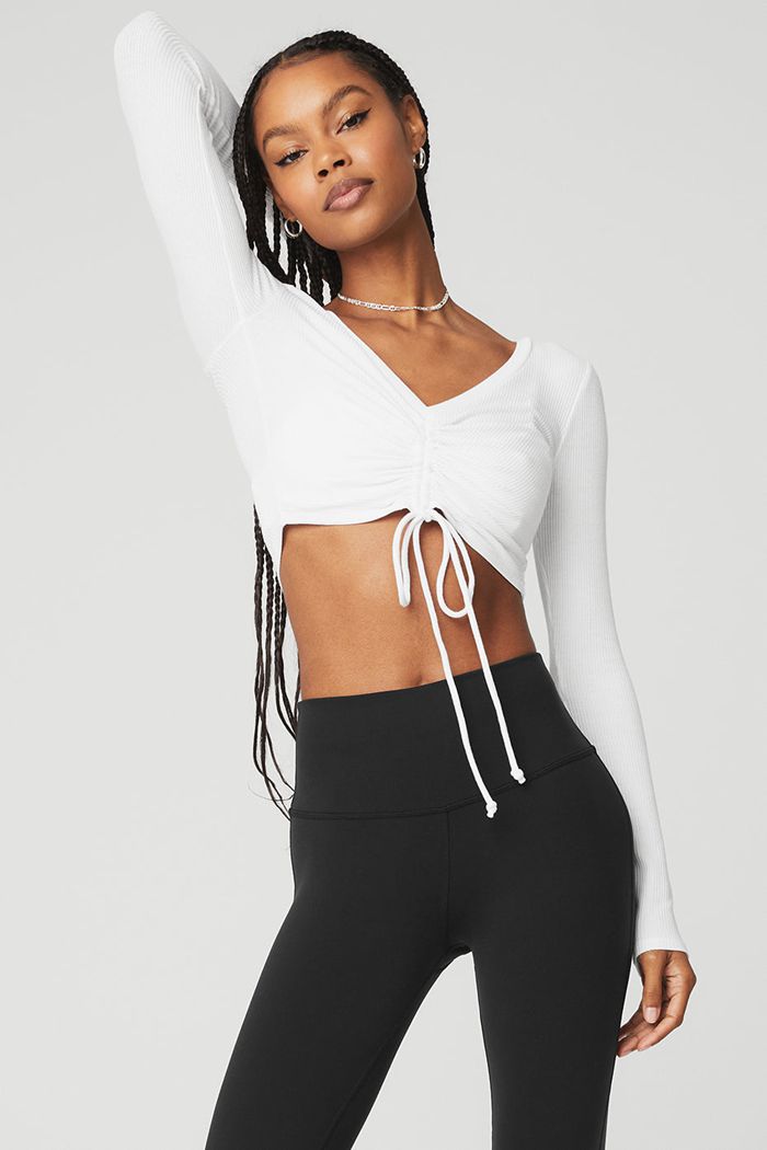 White Alo Yoga Ribbed Cinch Cropped Women's Long Sleeve | 52409XFMD