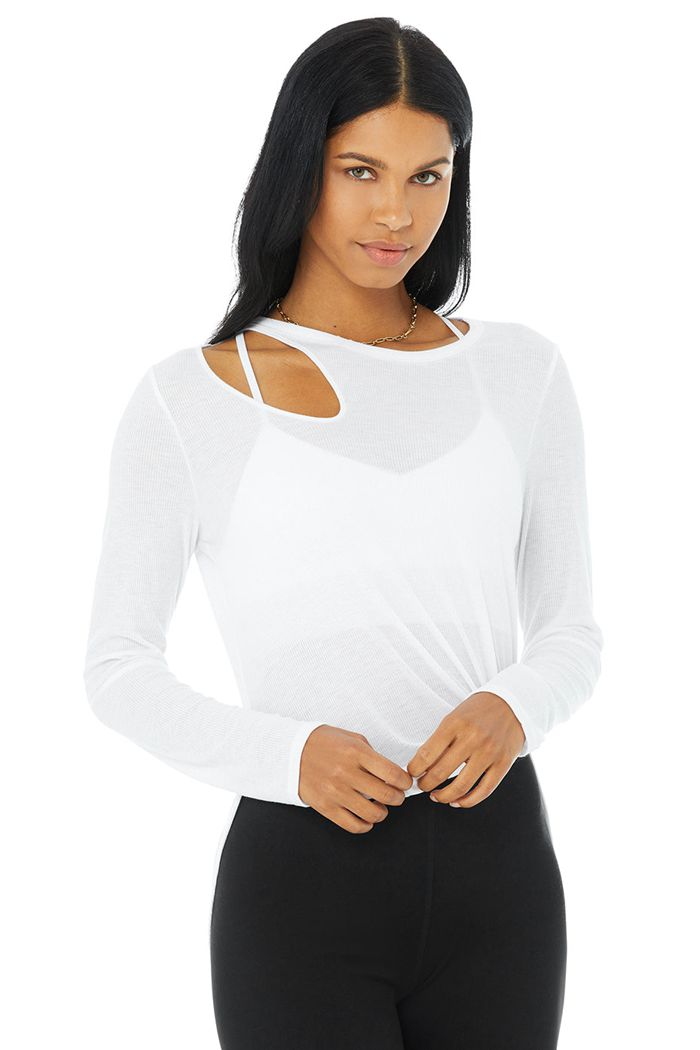 White Alo Yoga Ribbed Peak Women's Long Sleeve | 78130XVRZ