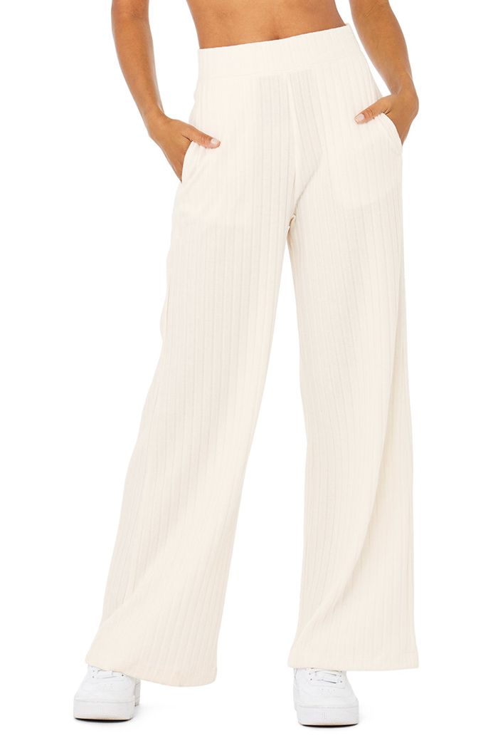 White Alo Yoga Ribbed Take Comfort Wide Leg Women's Pants | 68754DYZM