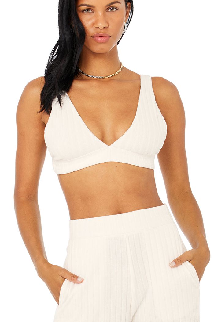 White Alo Yoga Ribbed Take Comfort Women's Bras | 93260IOWZ