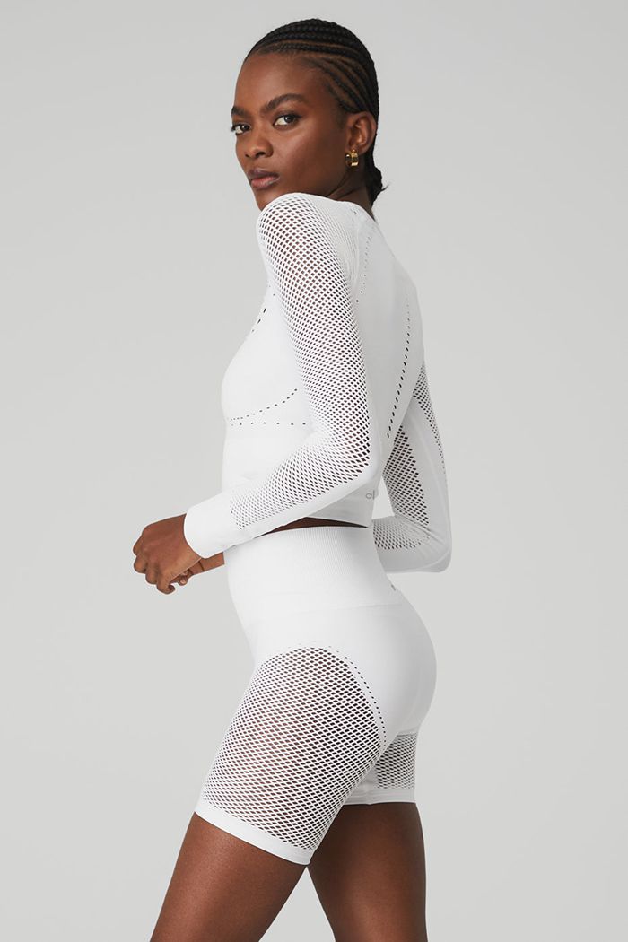 White Alo Yoga Seamless Open Air Women's Long Sleeve | 56138ZNPJ