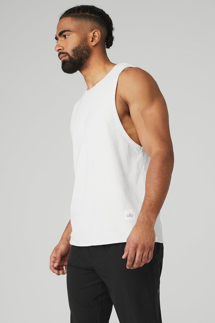 White Alo Yoga Society Men's Tank Tops | 27580GATI