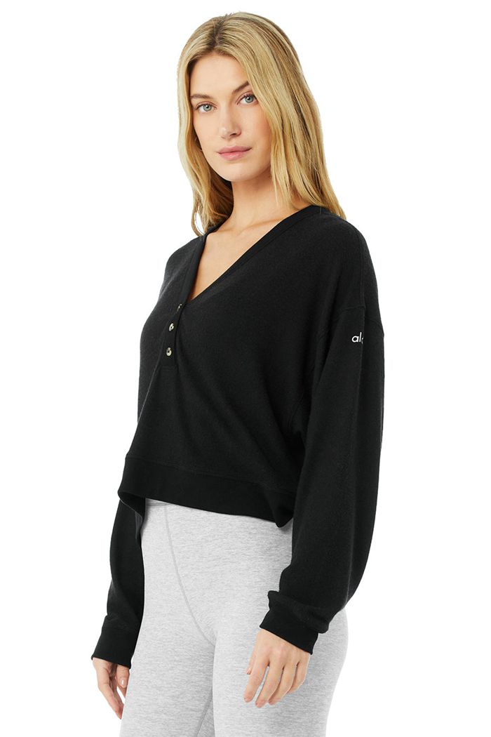 Black Alo Yoga Alolux Soho Crop Henley Women's Long Sleeve | 35067ZCDS