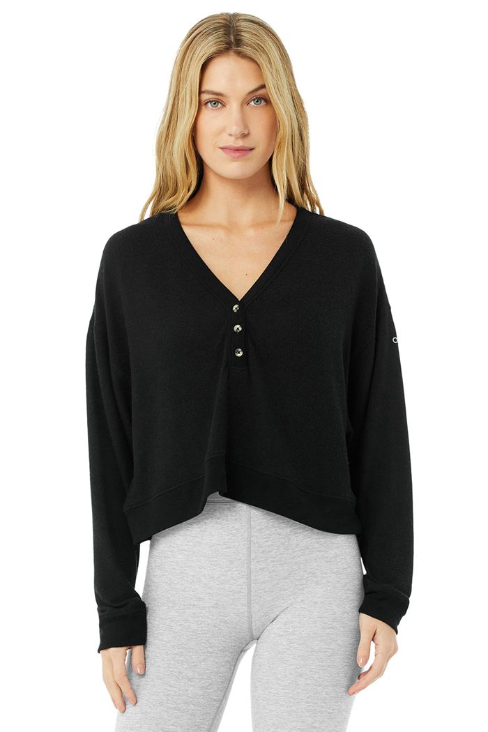 Black Alo Yoga Alolux Soho Crop Henley Women\'s Long Sleeve | 35067ZCDS